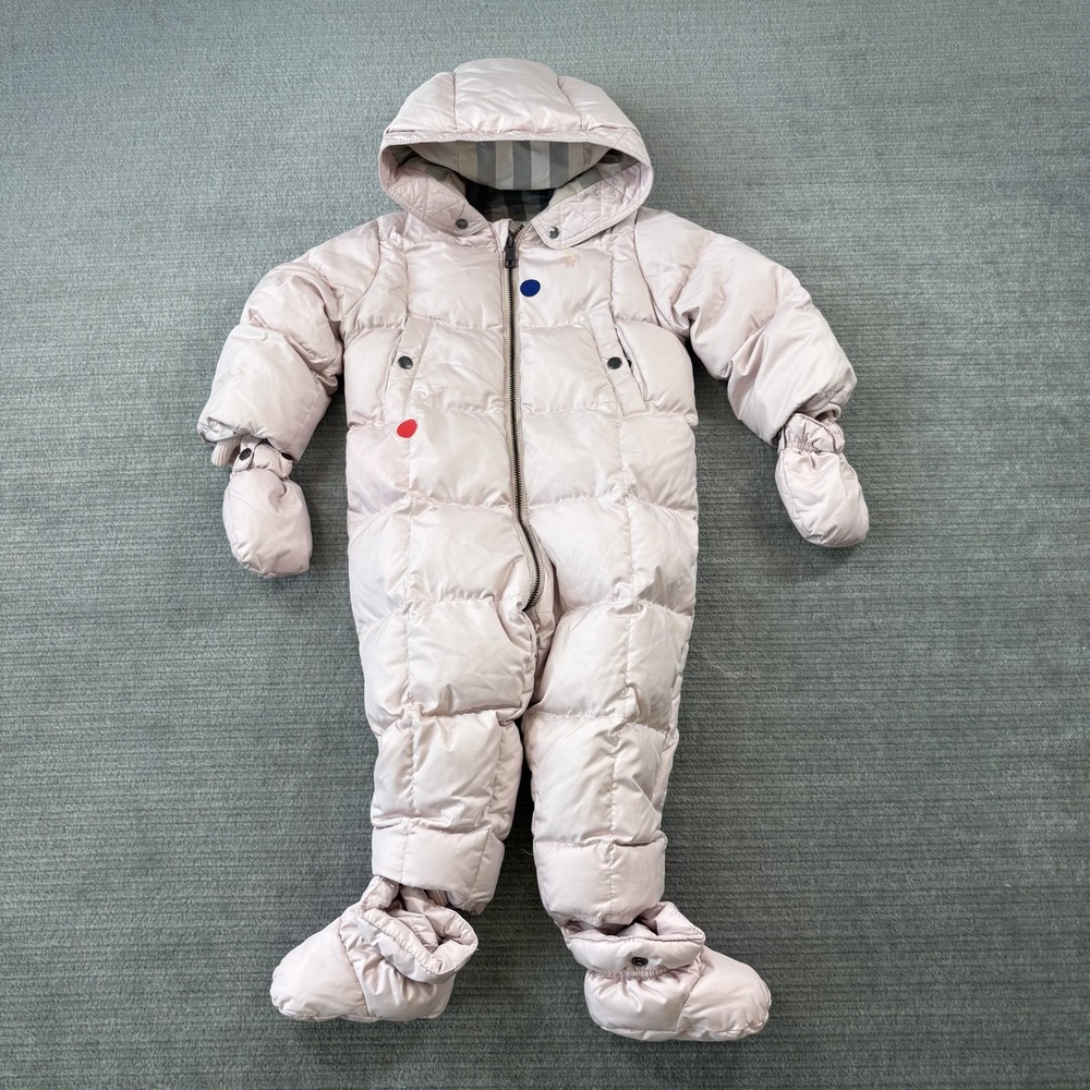 BURBERRY Baby Girl Snowsuit Pink Plaid‎ 12M Down Warm Zip Designer Mitten Shoes